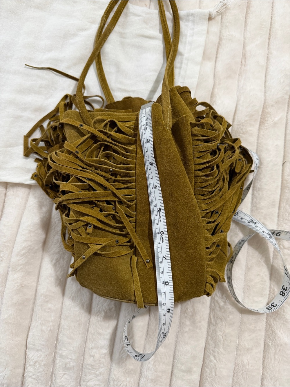 Olive Suede( genuine leather)Fringe Bucket Bag - Women - Picture 12 of 12
